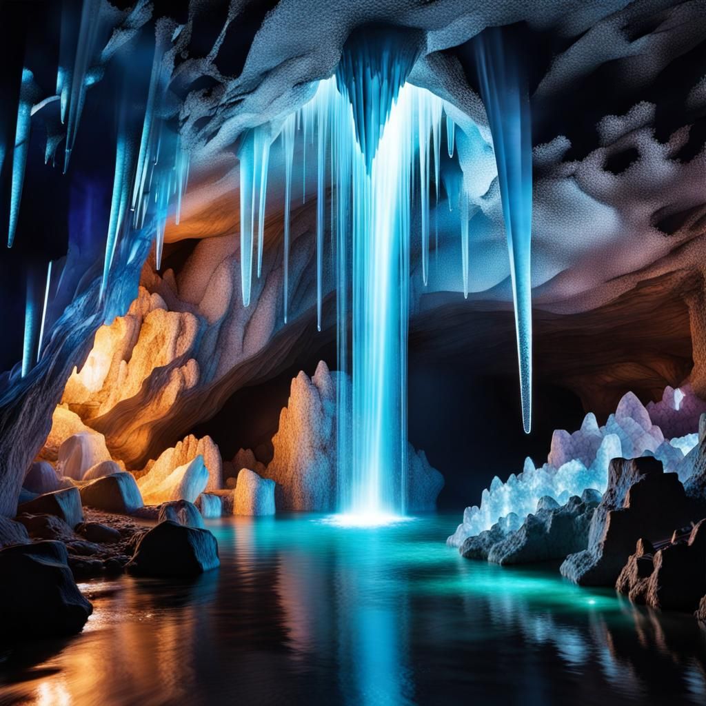 Illuminated Waterfall in Crystalline Cave