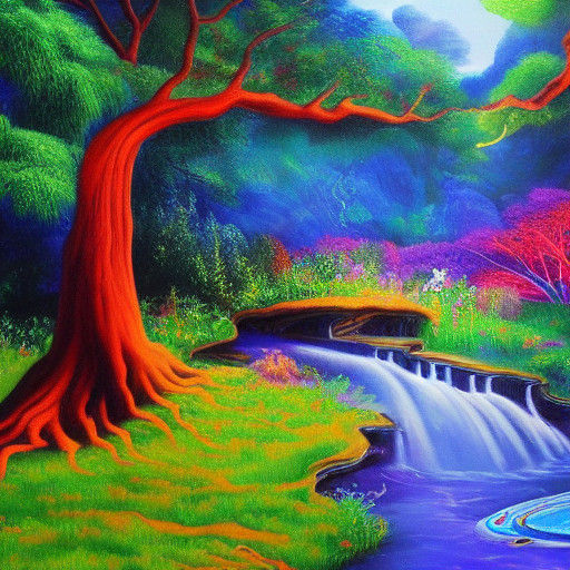 Surreal Landscape with Ancient Tree and Magic Waterfall in V...