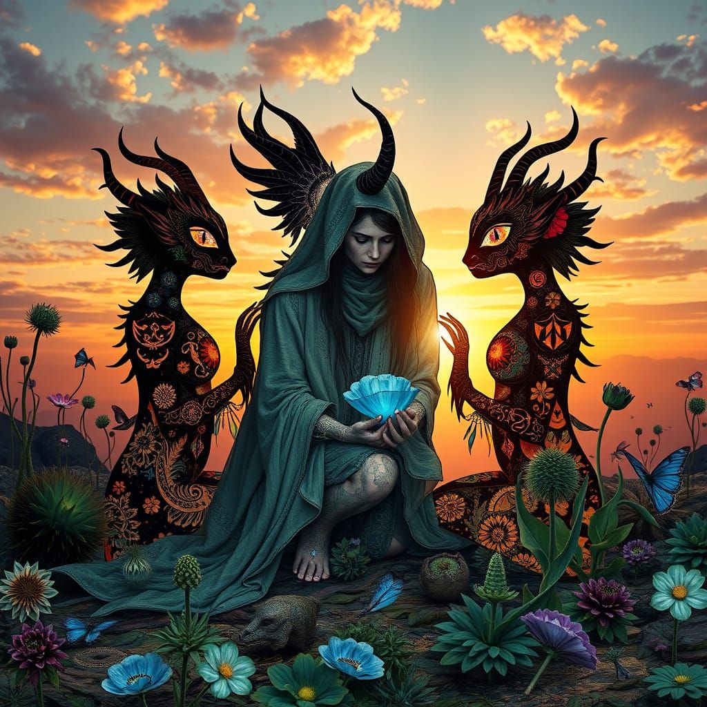 Dreamlike Collage of Mythical Beings in Vibrant Sunset