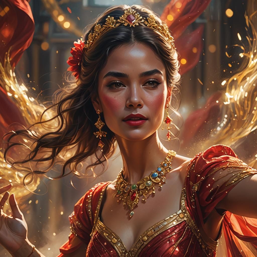 Dancing Lady in Red: Art Nouveau Oil Painting