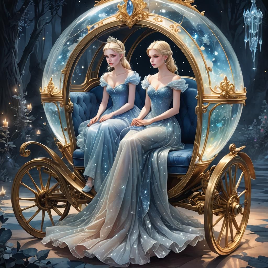 Cinderella in Bioluminescent Crystal Coach, Watercolor Style