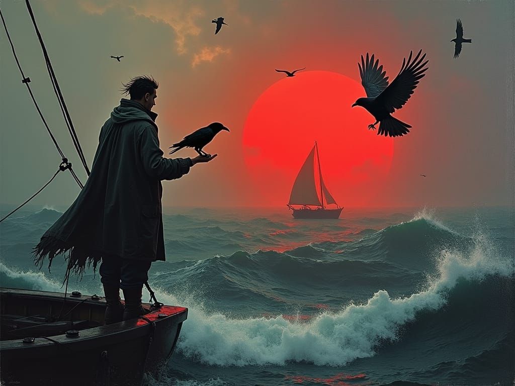 A sailboat battles rough seas as a man stands at the bow, gazing at a red-tinged sunrise that casts an ominous shadow. A...