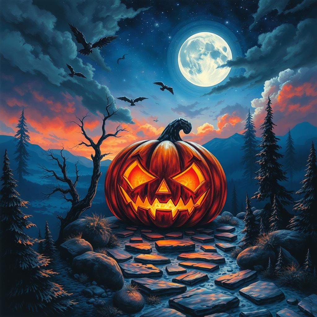 Ethereal Jack-o'-Lantern in Surreal Moonscape, as Airbrush A...