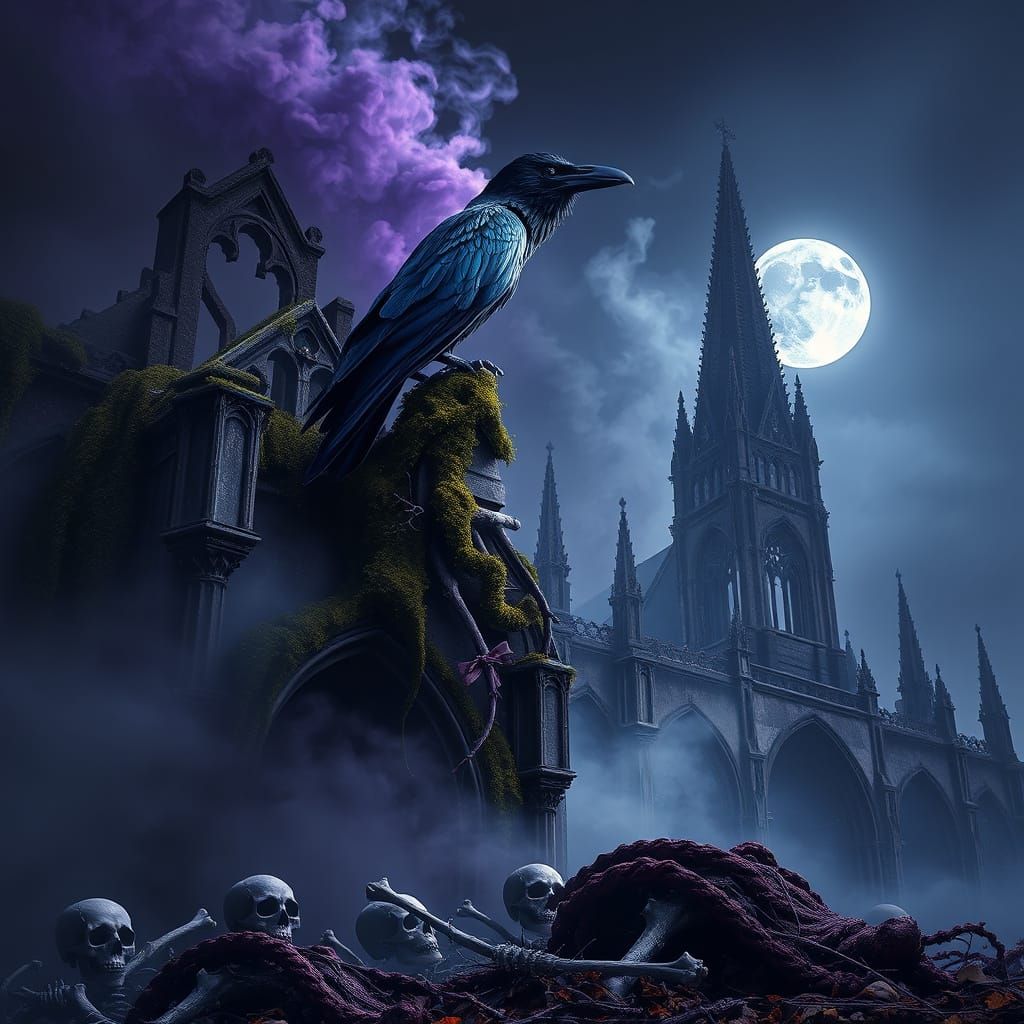 Mysterious Raven Perched on Ruined Cathedral in Gothic Lands...