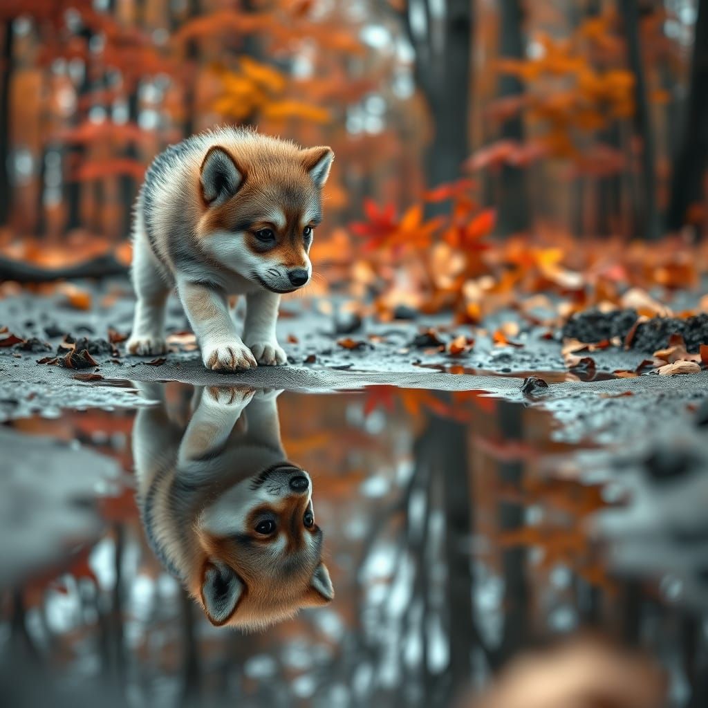 Puppy Sees Wolf Reflection in Autumn Puddle