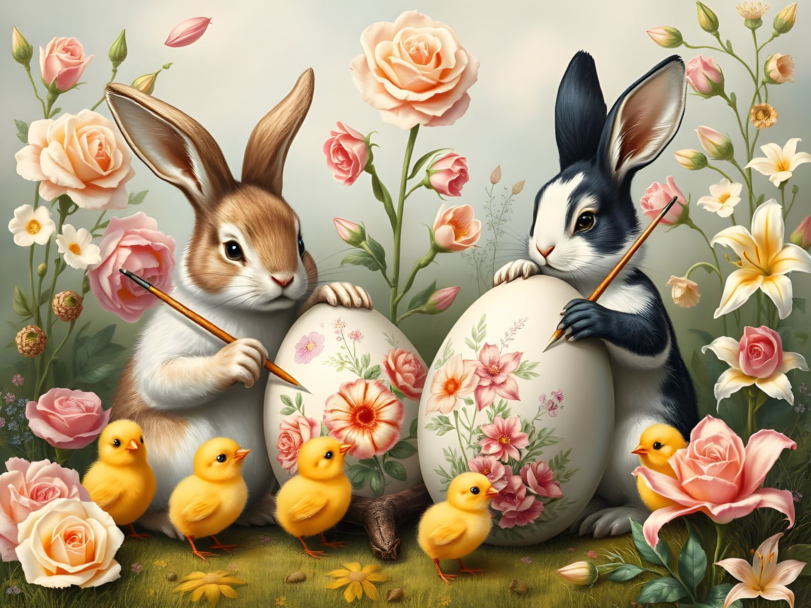 Easter Bunnies Painting Eggs in Vintage Style