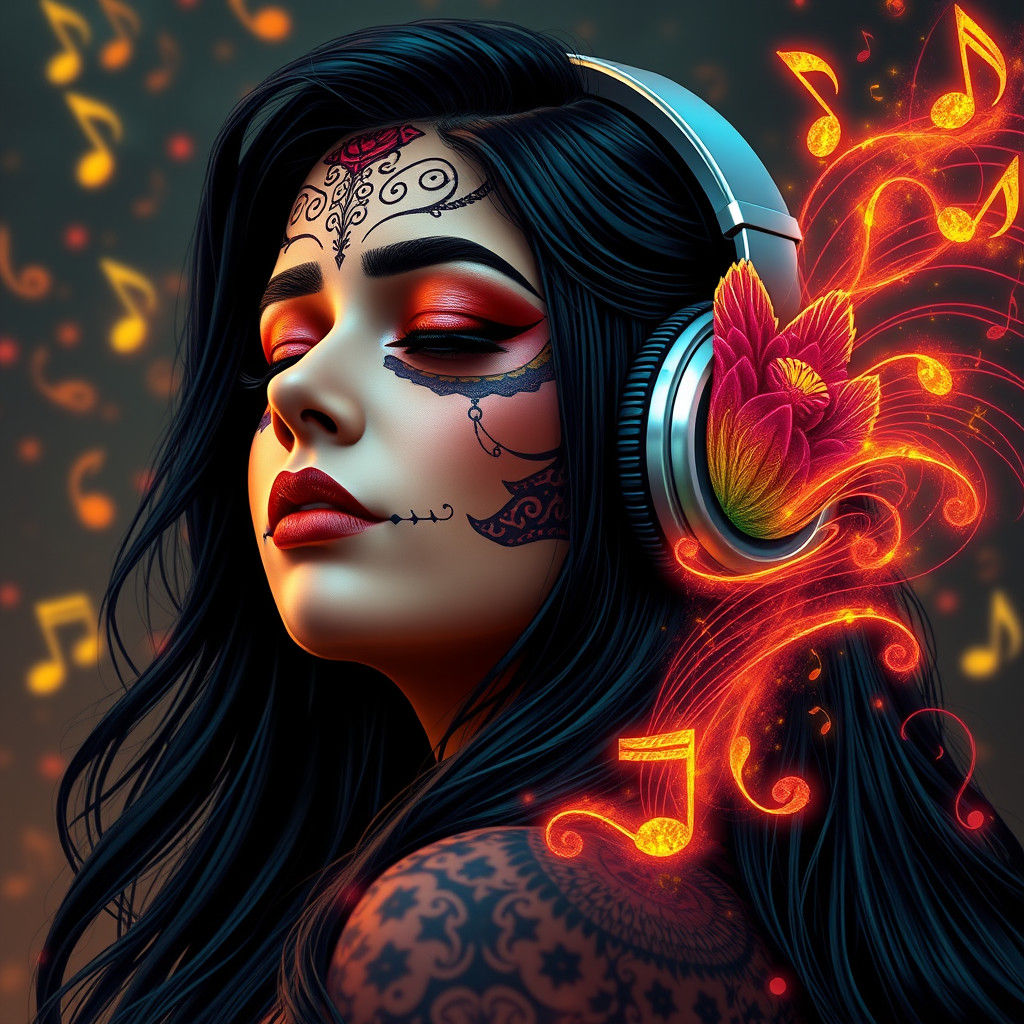 Catrina-Inspired Woman Lost in Music: Matte Painting