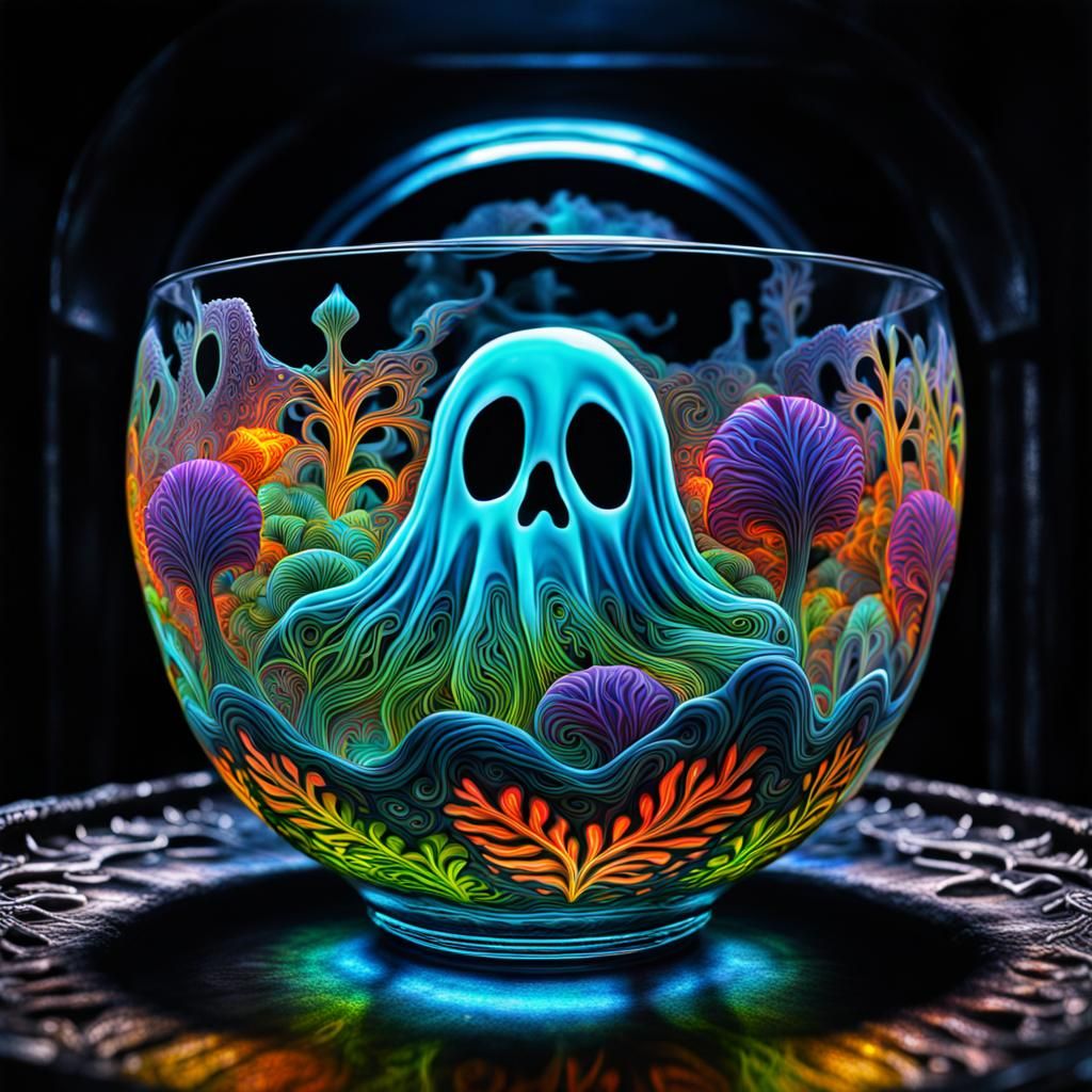 Psychedelic Ghost in a Bowl: Hyperrealistic Digital Art