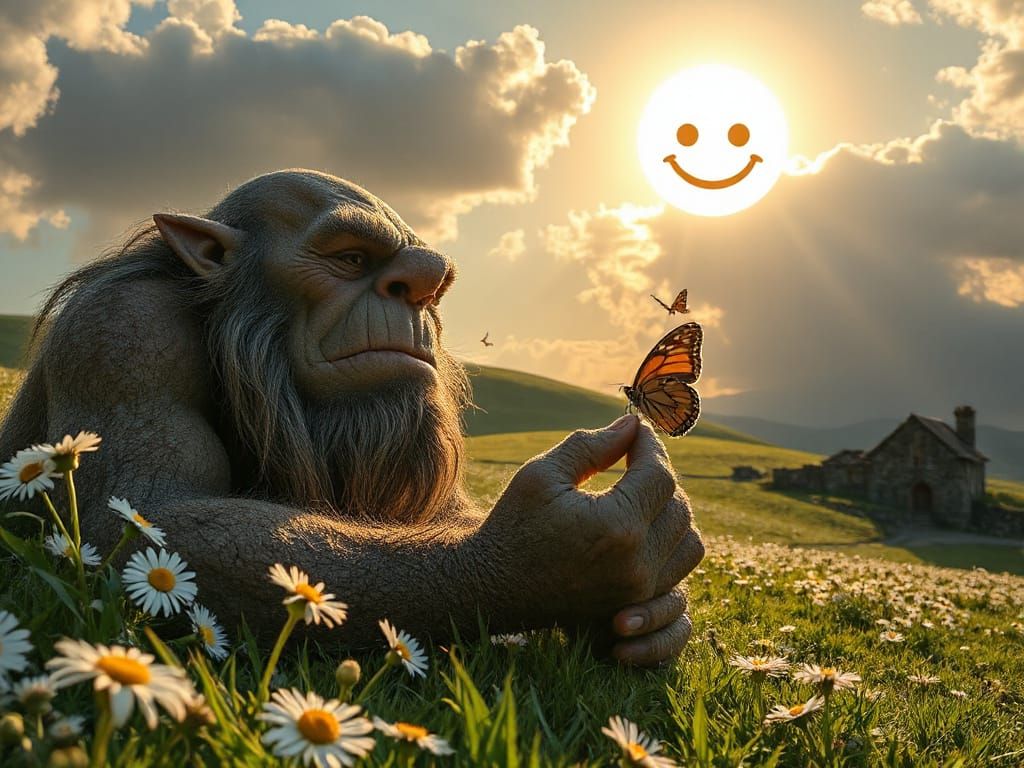 Benevolent Ogre Cradling Daisy in Lush Meadow