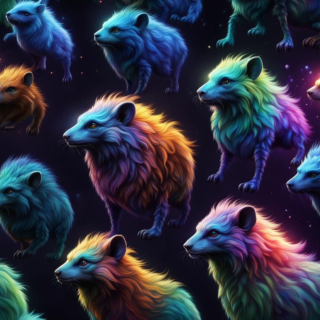 iridescent furry animals  on a dark background