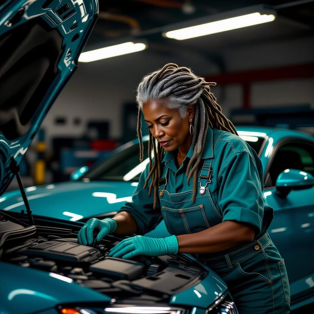 Black Woman Fixing Audi Car in Garage