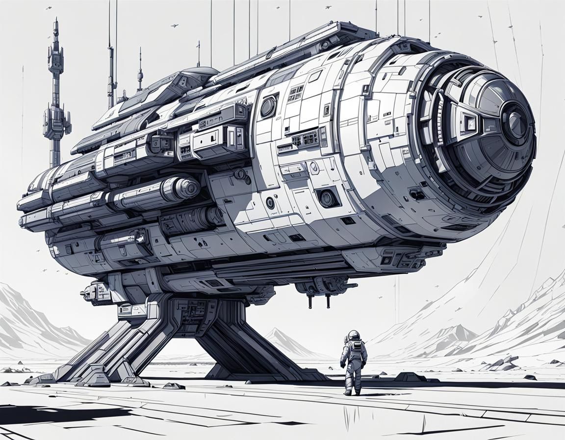 Retro Sci-Fi Space Station in Minimalist Line Art