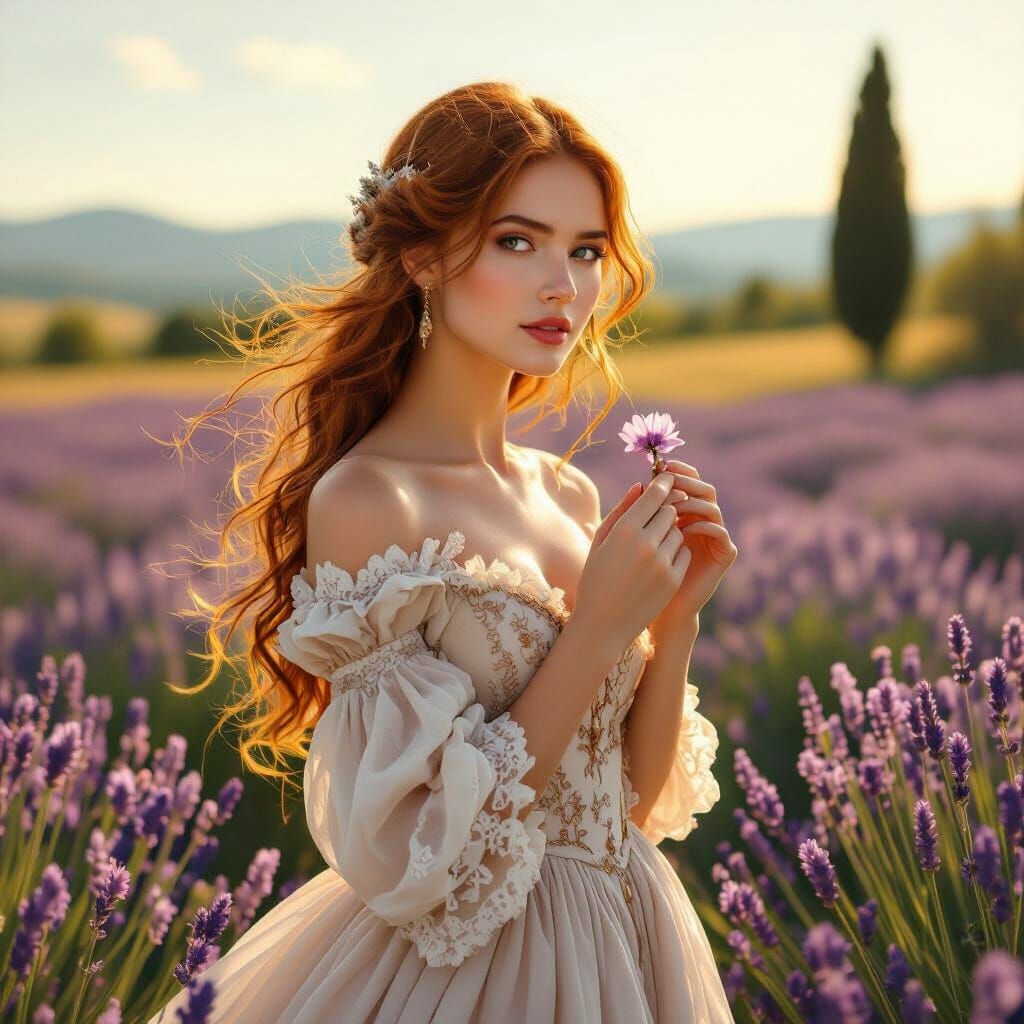 Auburn Haired Woman in Lavender Field, Renaissance Style