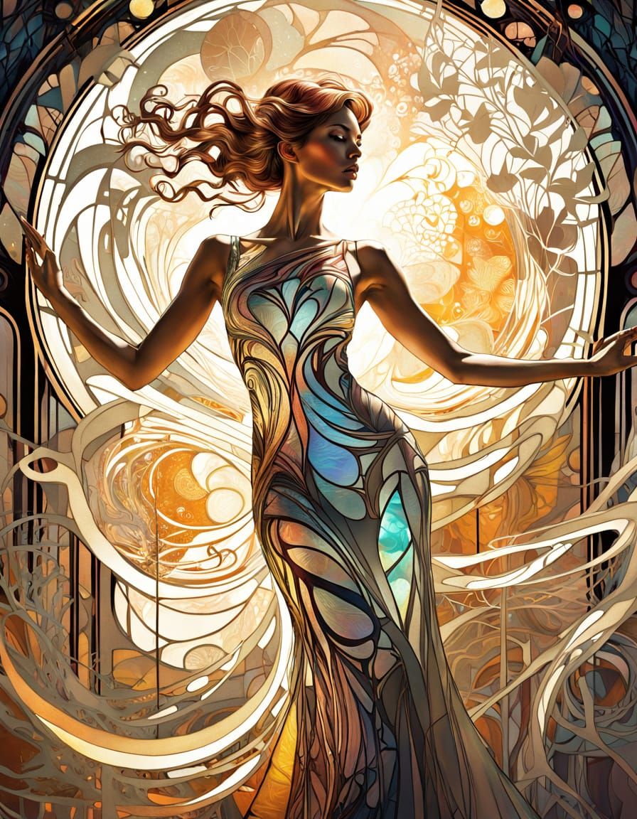Art Nouveau Woman in Sunlit Room with Glowing Lines