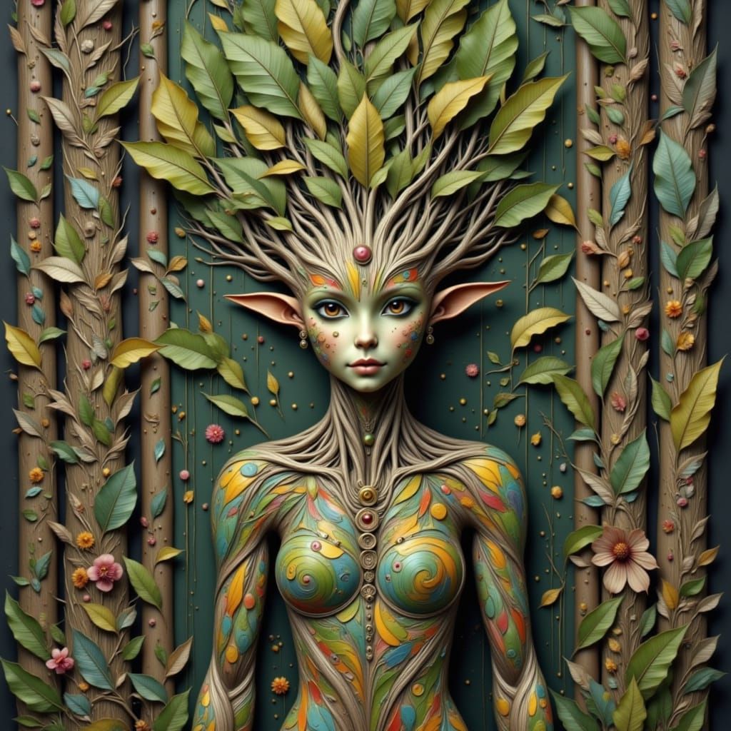 Hyperrealist Hybrid Tree Goddess with Exotic Hairdo and Flow...