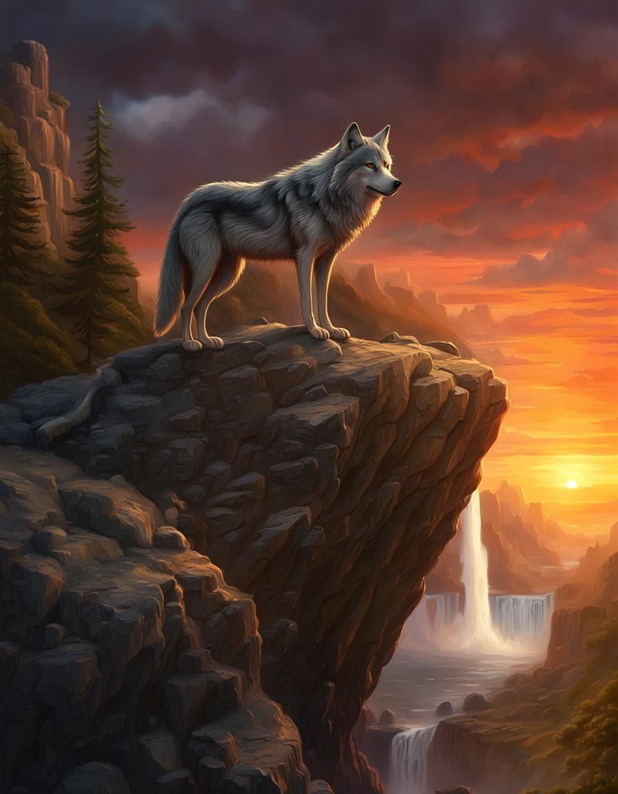 Wolf Silhouette at Sunset with Distant Waterfall