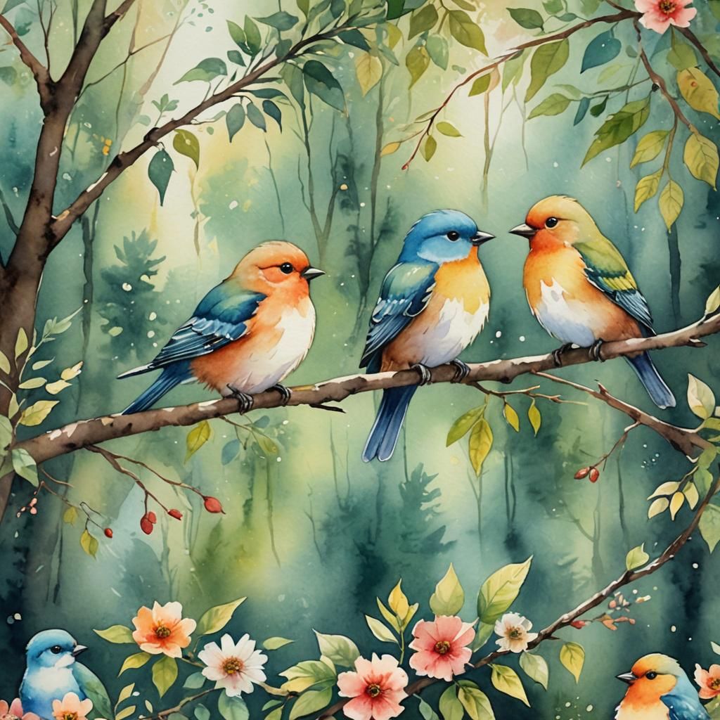 Whimsical Watercolor Birds in Lush Forest