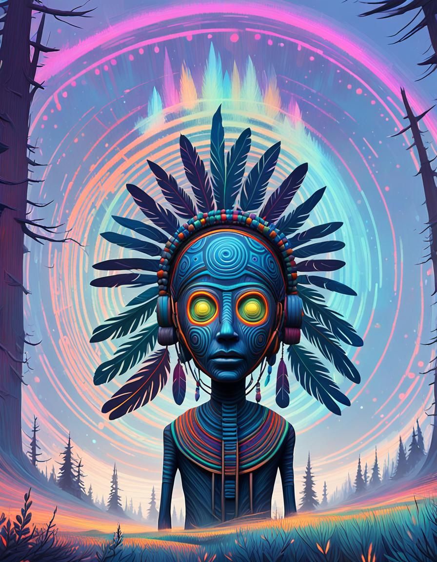 Psychedelic Tribal Figure in Neon Vortex