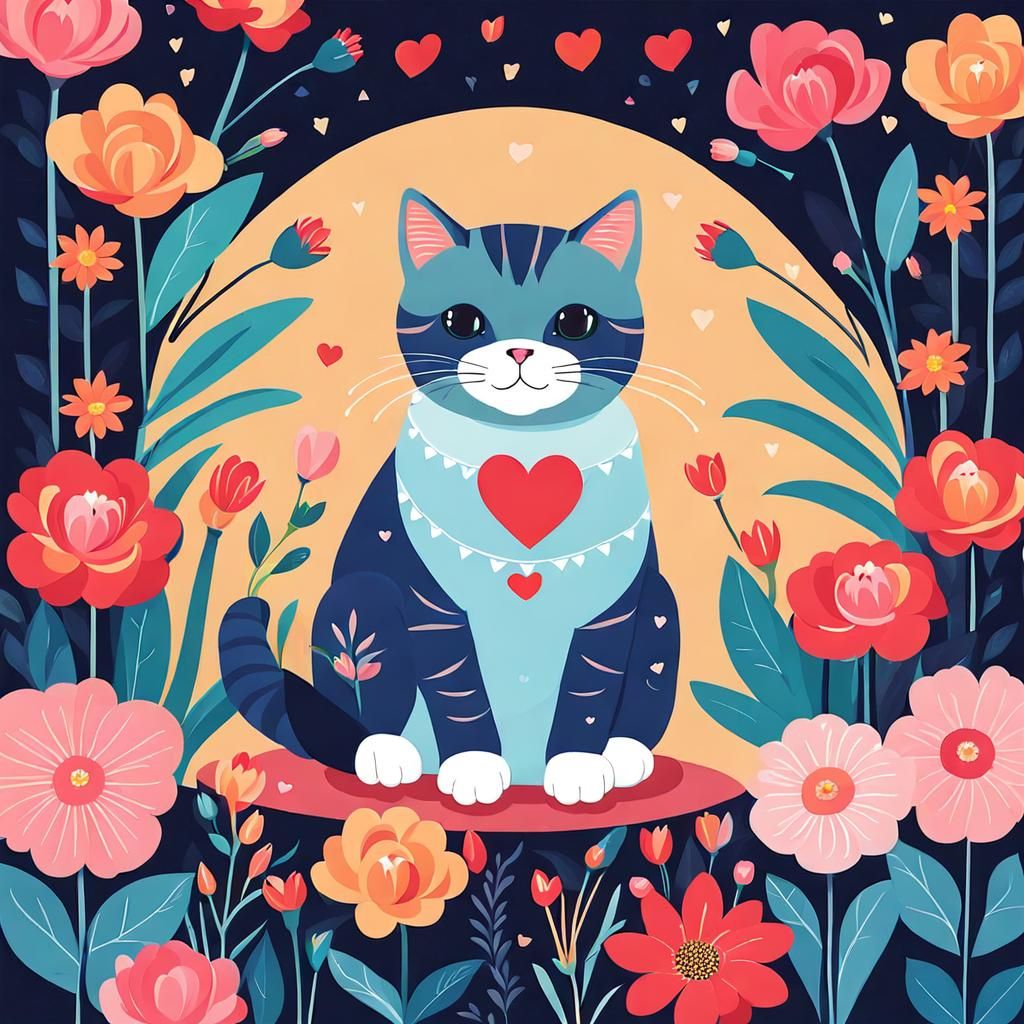 Cat on Pillow Surrounded by Flowers Illustration