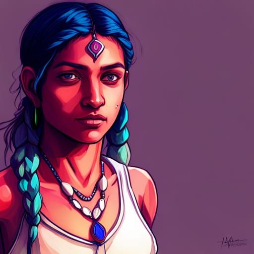 Indian Girl Portrait in Hyperdetailed Art Nouveau Style