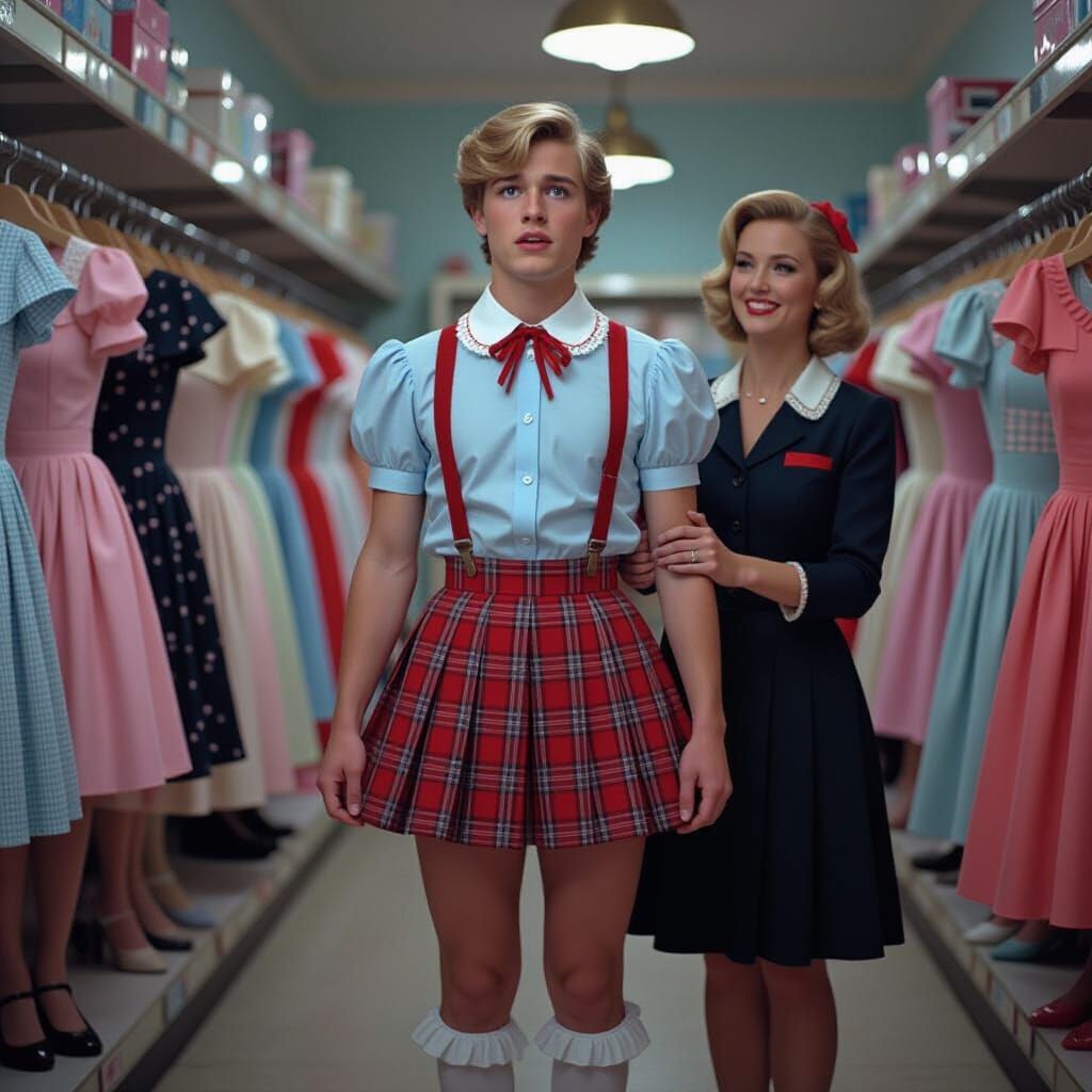 Man in School Uniform Cries in Dress Shop