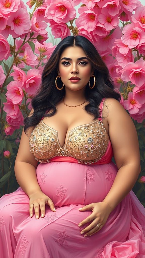 Beautiful Iranian Woman in Pink Flower Garden Painting