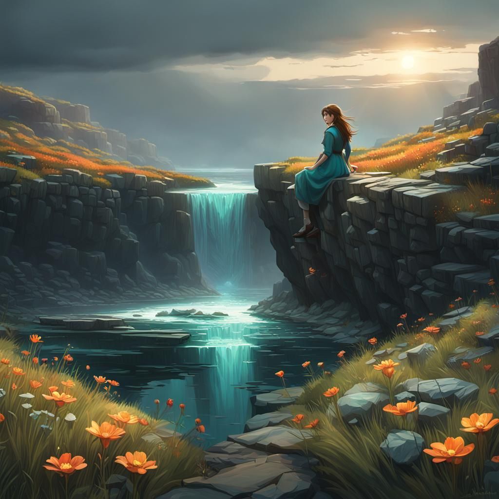 Lone Wildflower on Windswept Moor in Dramatic Lighting