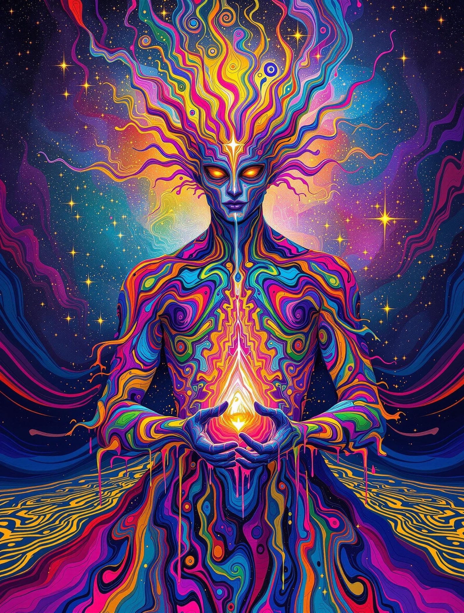 Kaleidoscopic Man Composed of Swirling Paint Ribbons