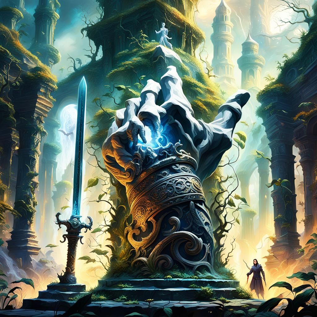 Enchanted Sword in Mystical Temple, Digital Matte Painting