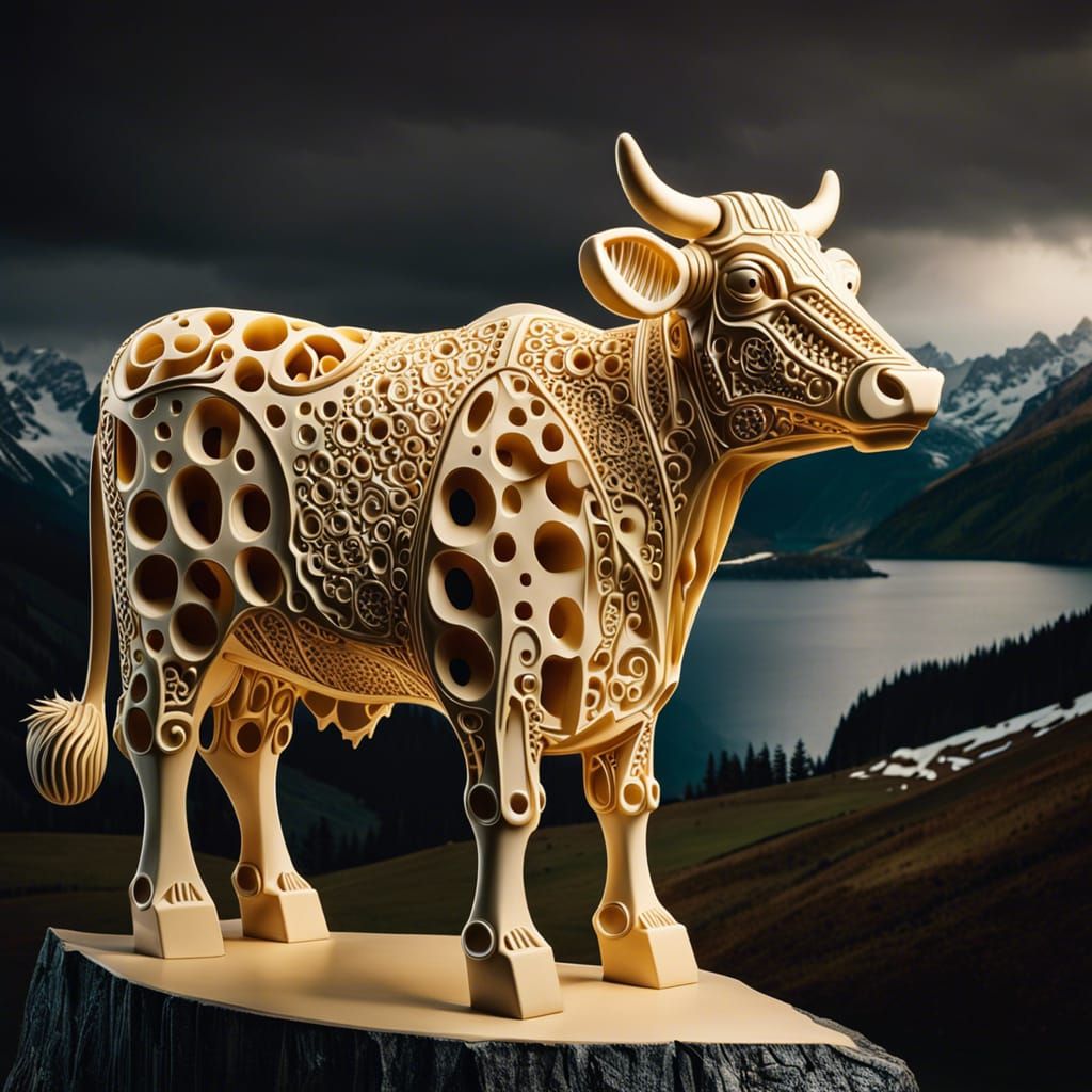 Swiss Cheese Cow Sculpture in Alpine Landscape