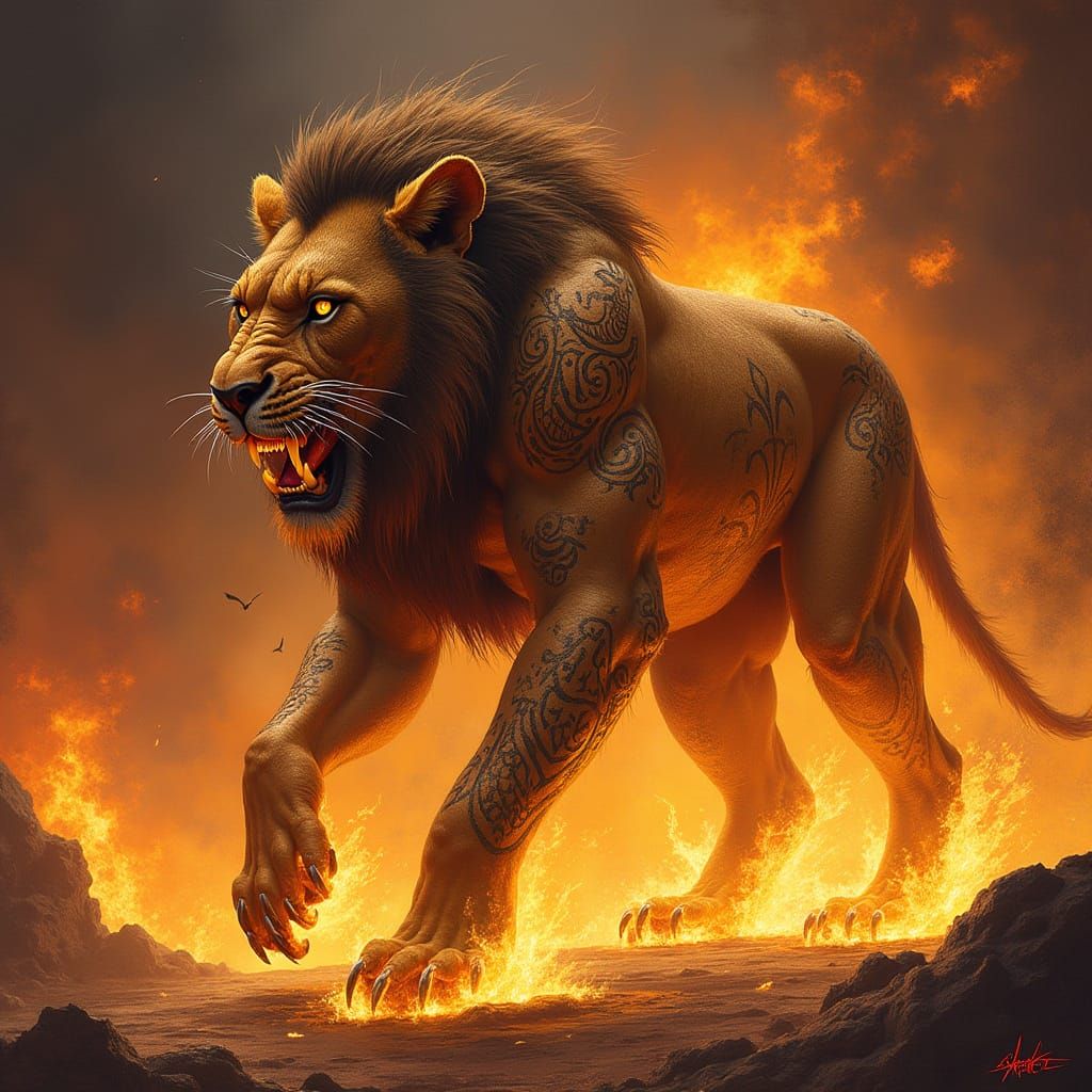 Mighty Lion God of War Walks Unscathed Through Blazing Infer...