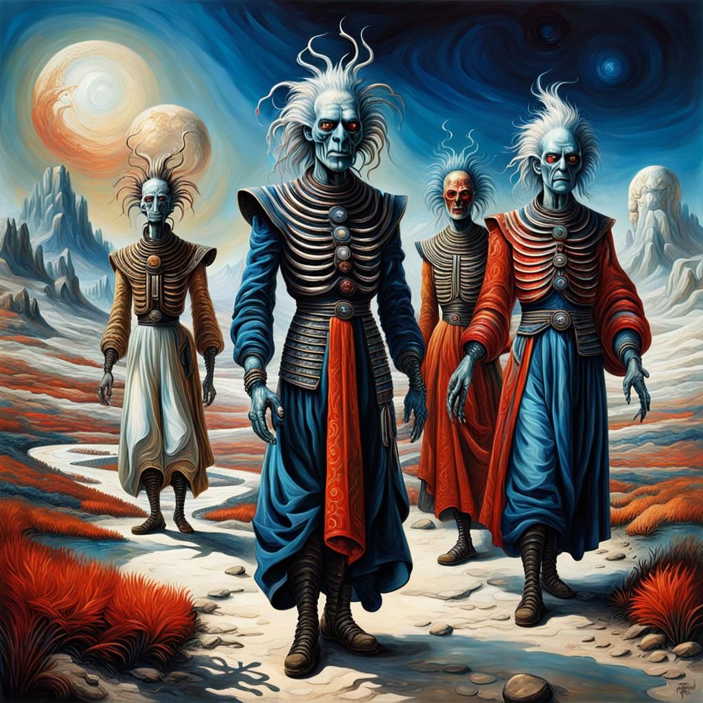 Cosmic Characters in Colorful Landscape Painting