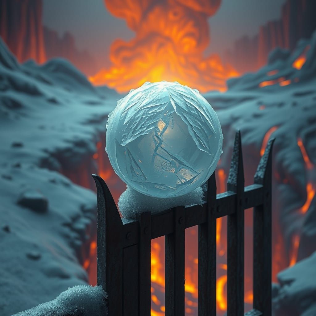 Surreal Snowball Balances on Infernal Gate in Fiery Landscap...
