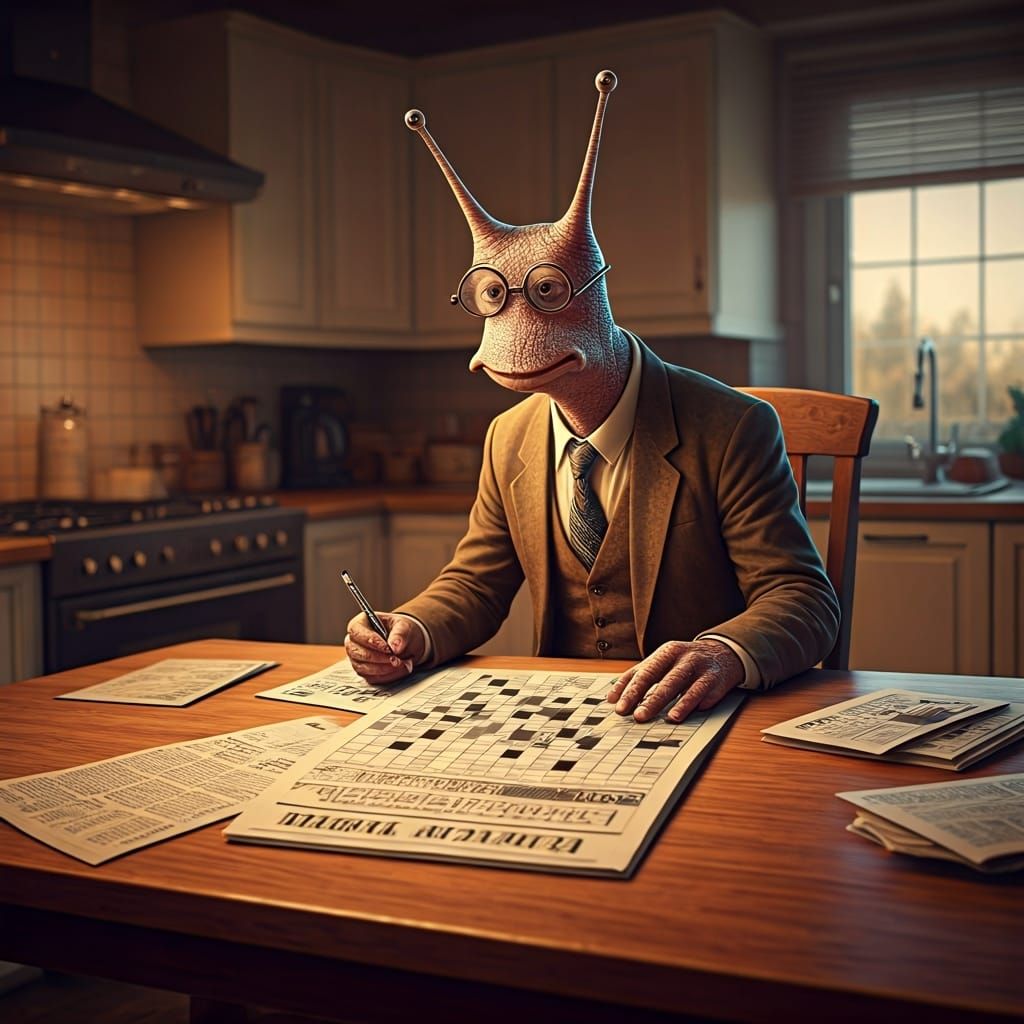 Snail Man Solves Crossword Puzzle