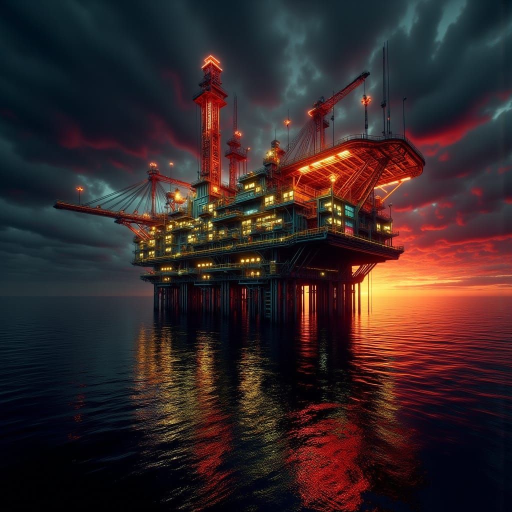 Cyberpunk Oil Platform at Sunset