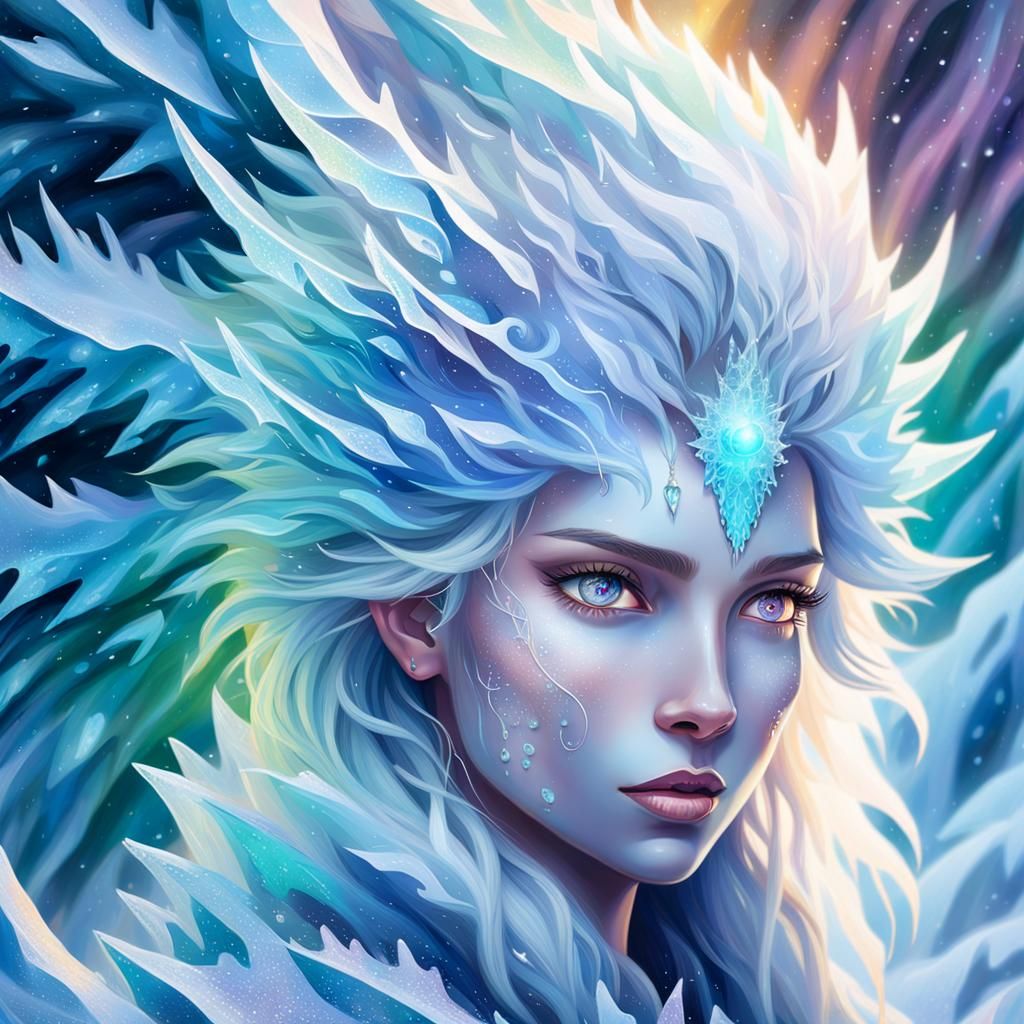Icy Dragon Girl Portrait in Digital Mixed Media