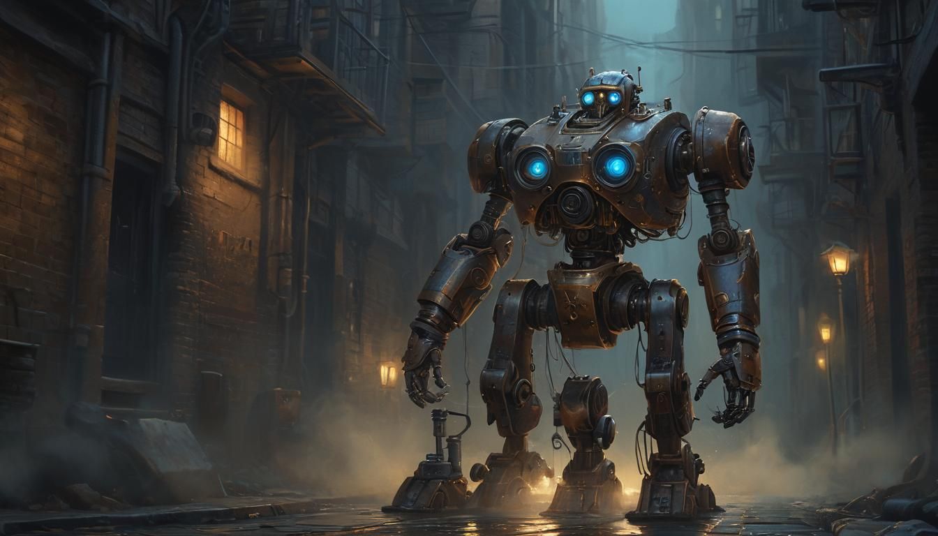 Steam-Powered Robot in Misty Alleyway: Impasto Oil Painting