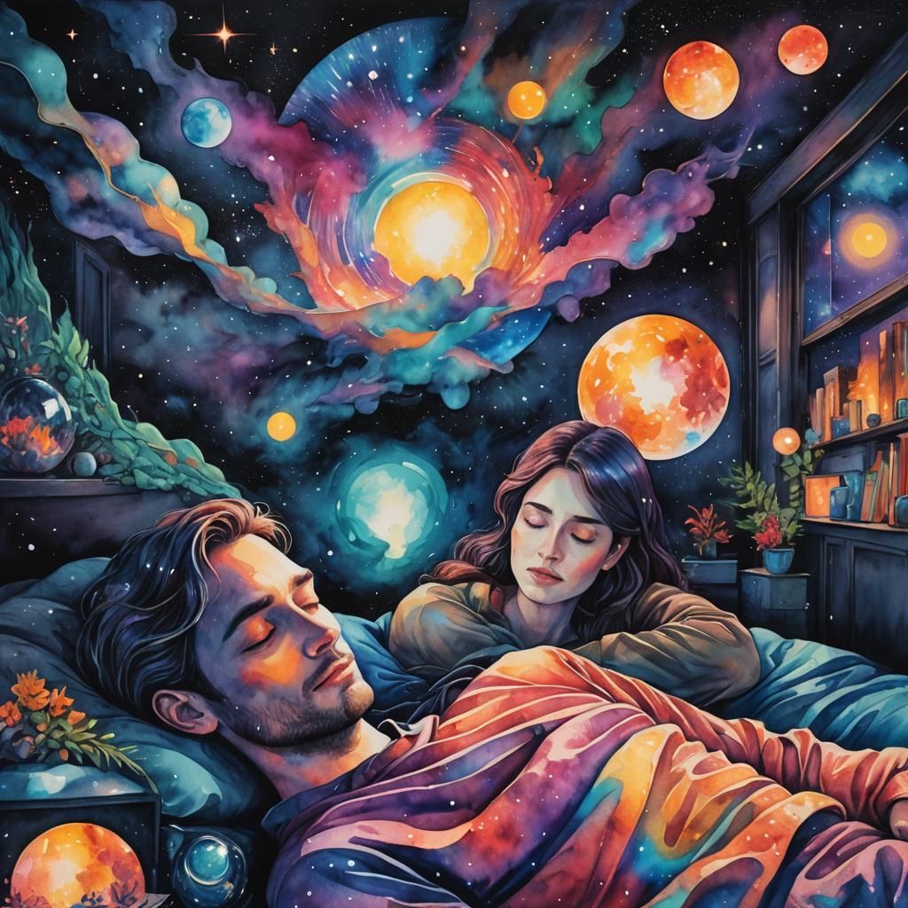 Heterosexual Couple Asleep in Dark Room, Watercolor Style