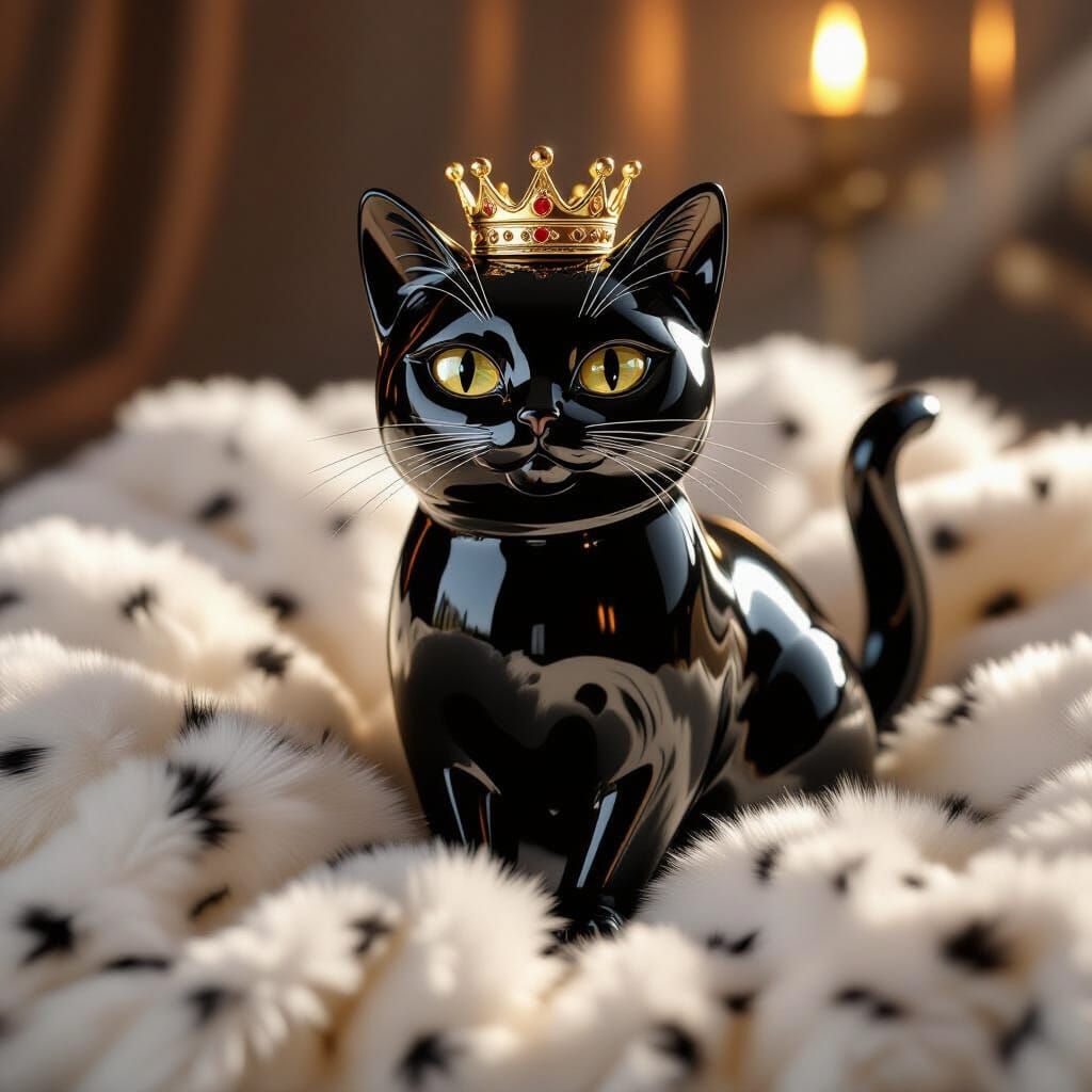 Glass Tuxedo Cat with Crown on Fur