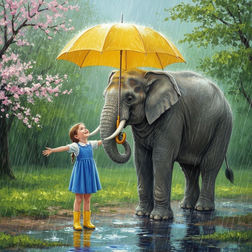 Elephant and Girl in Rainy Impressionist Scene