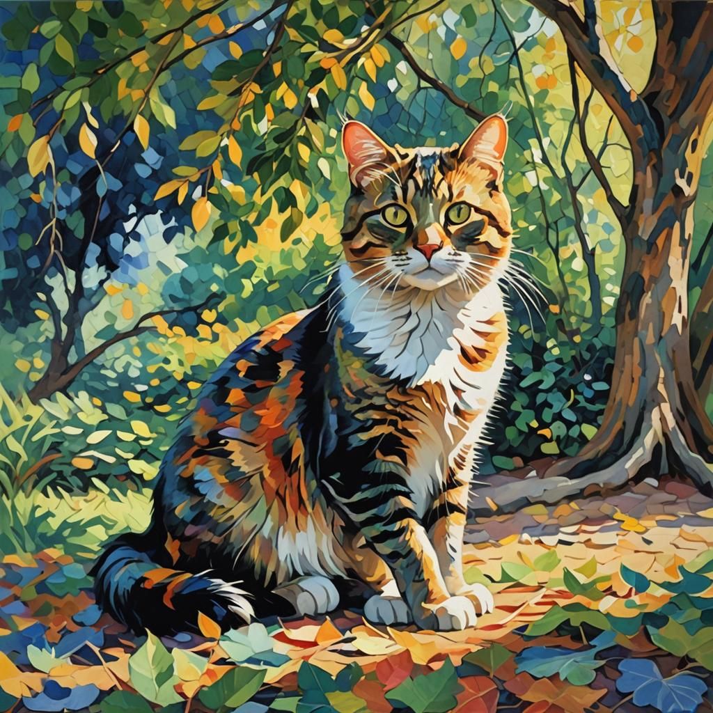Colorful Cat Under Tree in Impressionistic Style