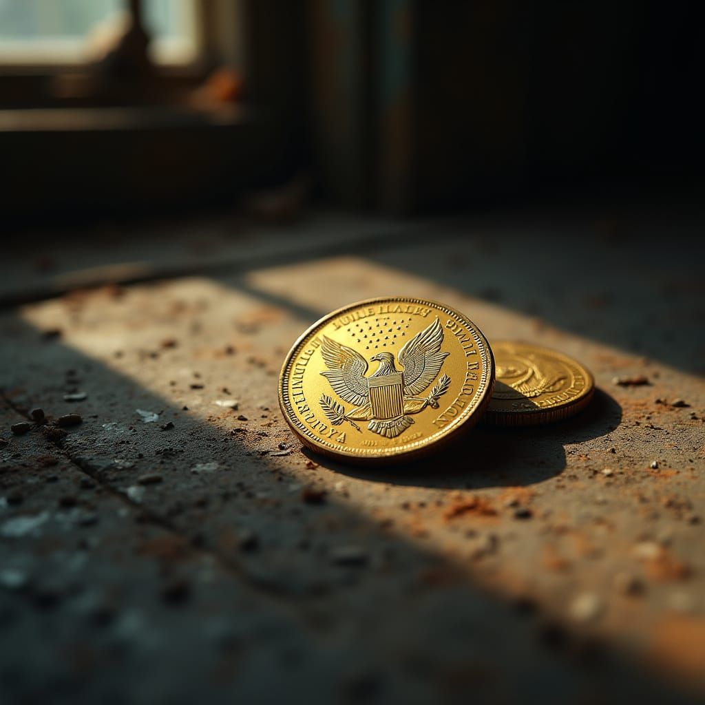 Weathered Golden Eagle Coin in Cinematic Attic Scene