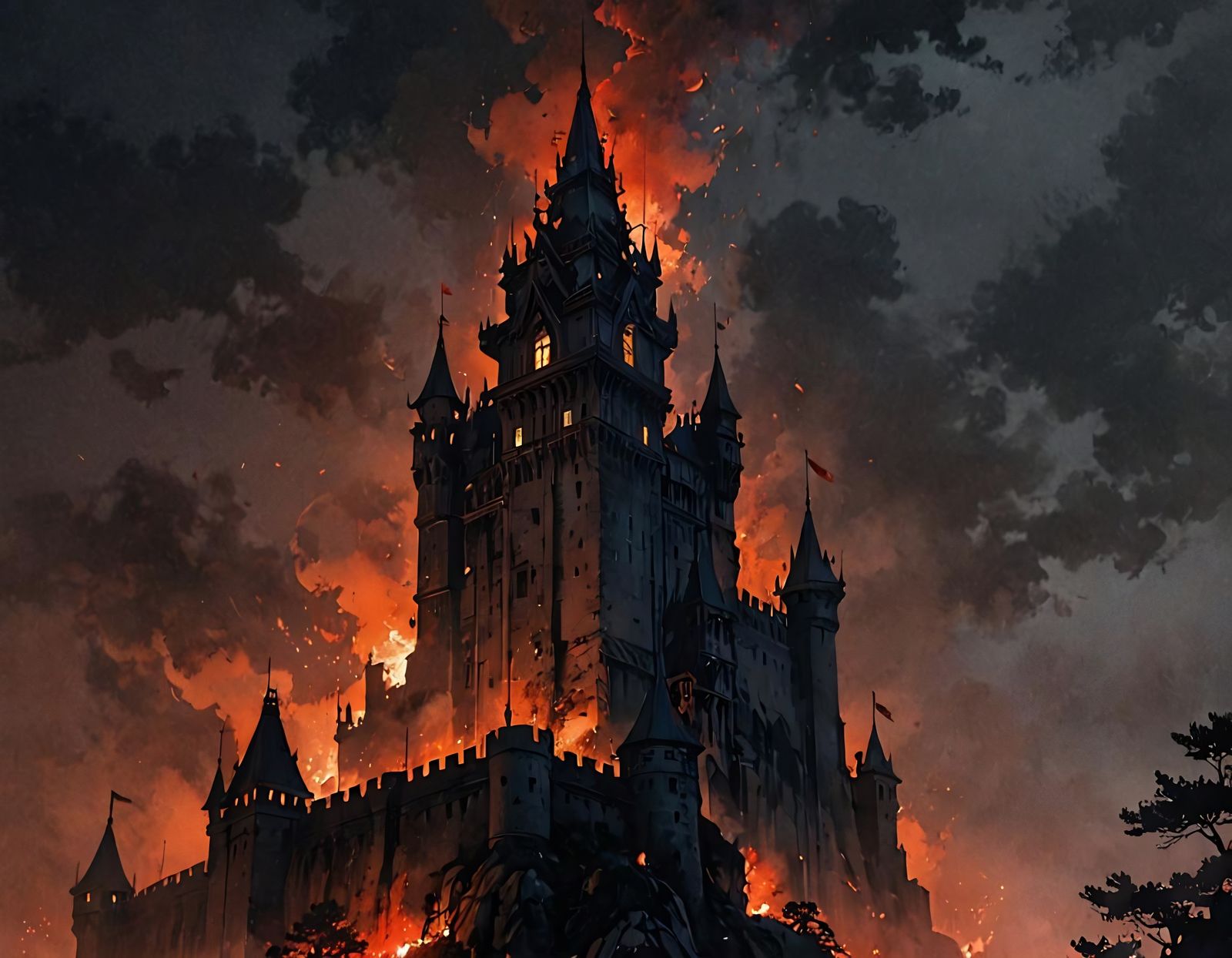 Castle Tower Ablaze in Moody Moonlit Scene