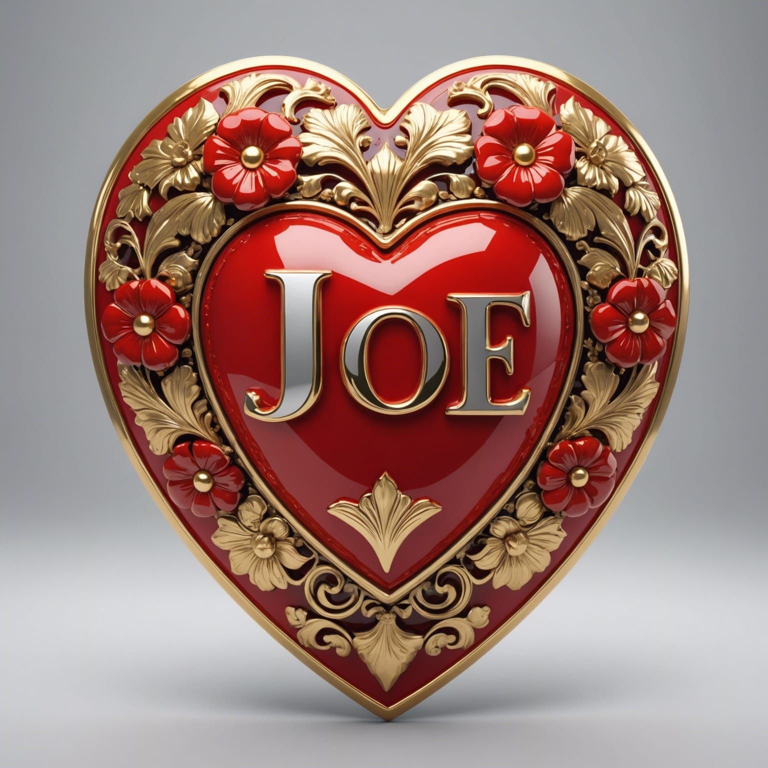 Red and Gold Heart Shield with Floral Inlay