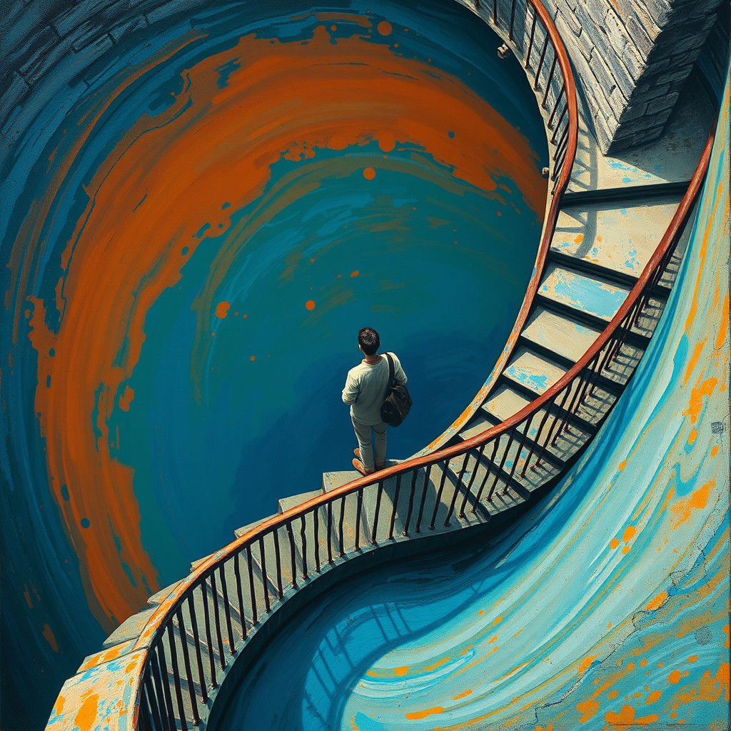 Frozen Figure at Precipice in Rothko-Escher Style