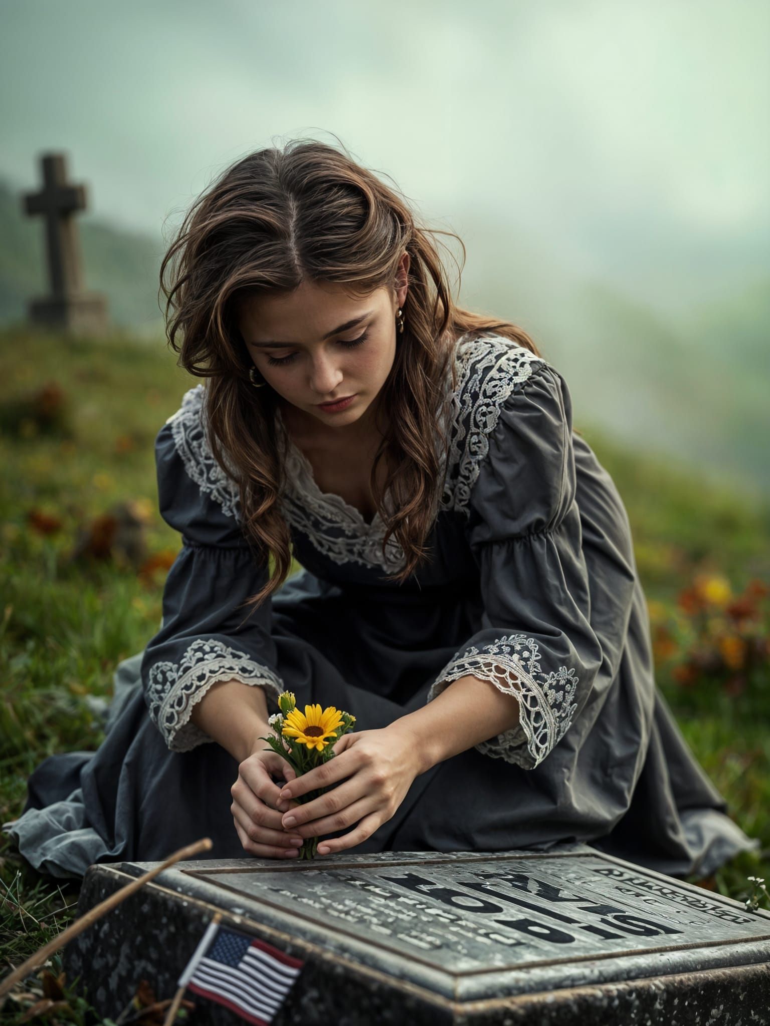 Sorrowful Woman Pays Respects at Grave