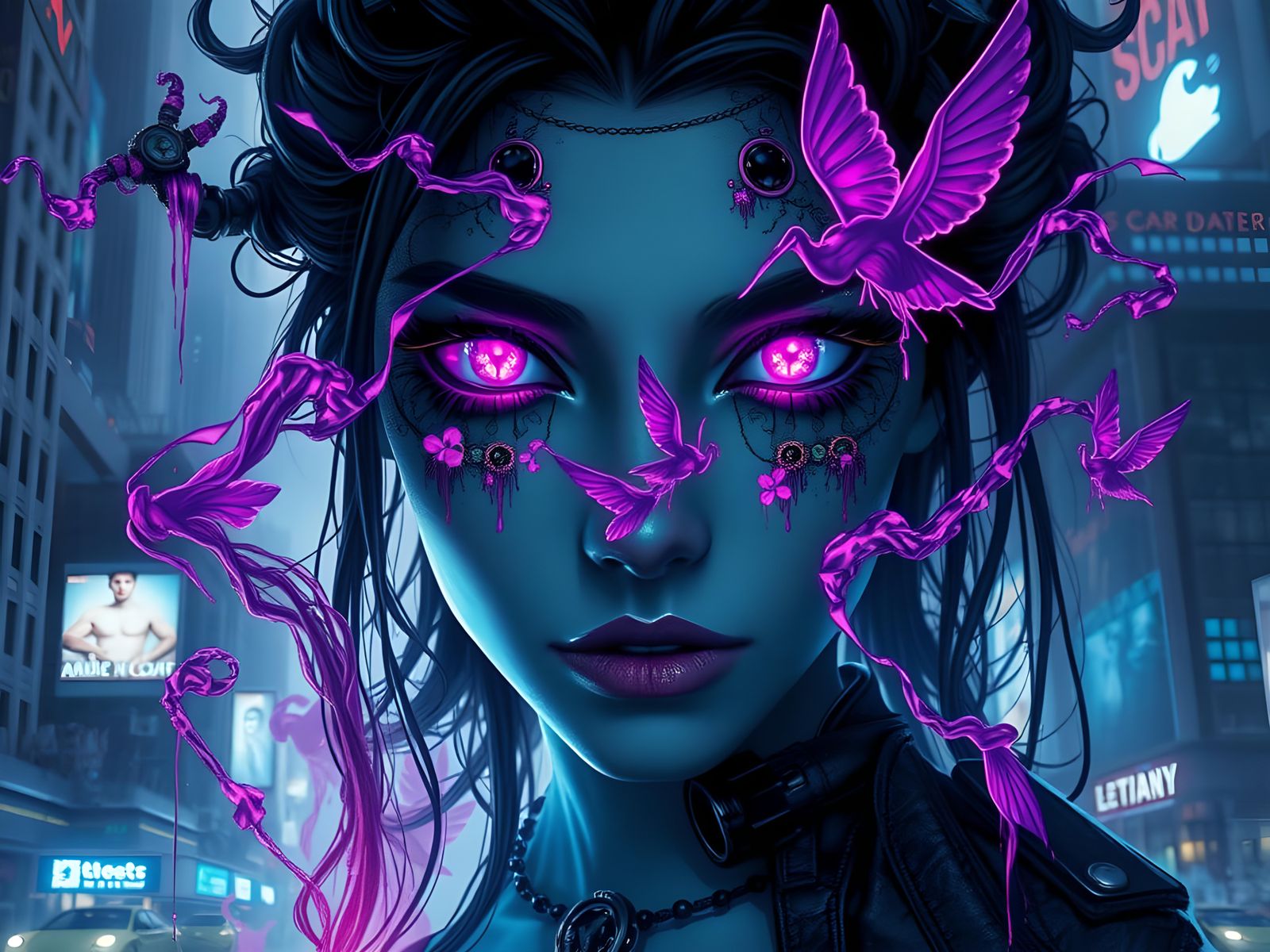 Mystic Woman Portrait in Cyberpunk, Multiple Exposure