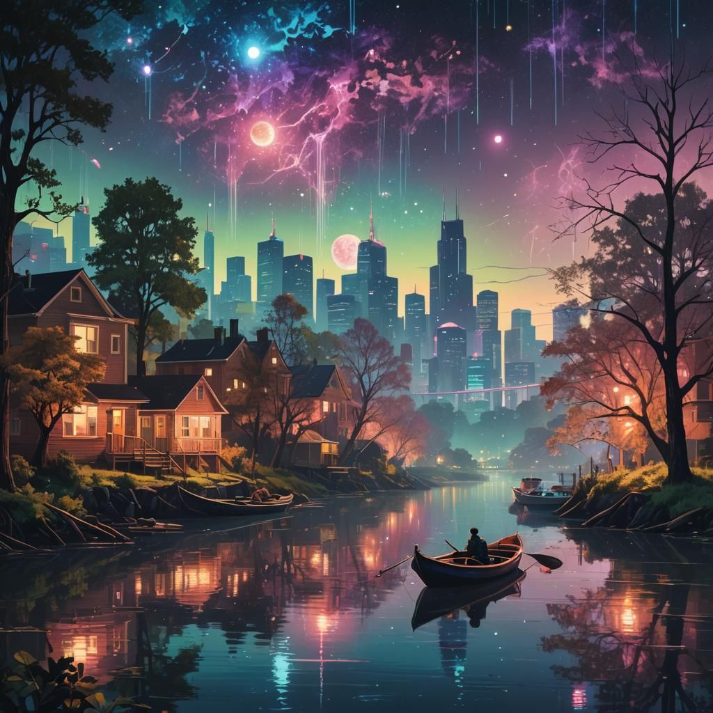 Surreal Urban Landscape with Neon Trees and Galaxy Details