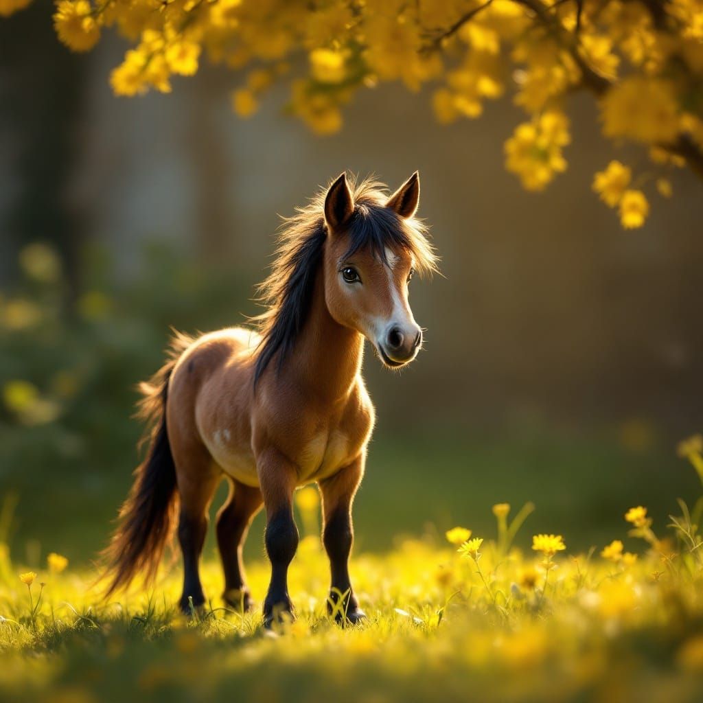 Surreal Brown Horse in Sunlit Clearing with Gorse Bush and W...