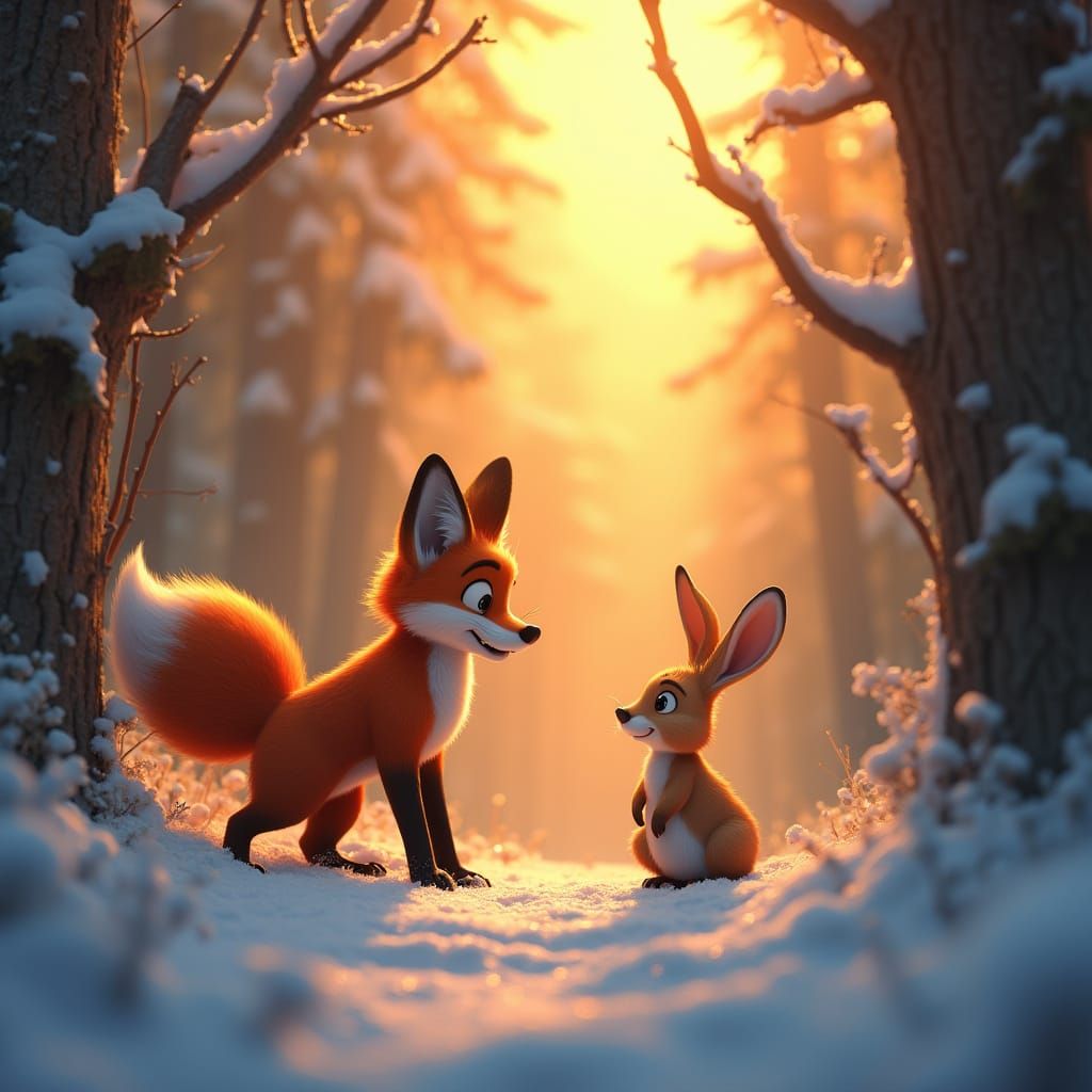 Winter Wonderland Fox and Hare in Vibrant Forest